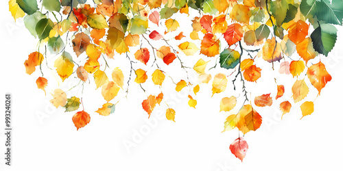 Watercolor illustration of Autumn birch branches with colorful leaves, isolated on white background. 