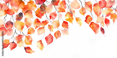 Watercolor illustration of Autumn birch branches with leaves, isolated on white background. 