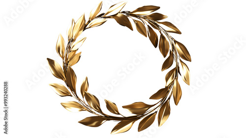 Creative detailed golden laurel wreath transparent PNG in a circular shape with a metallic finish. Perfect for awards, certificates, or celebratory designs with easy use on backgrounds. Generative AI.