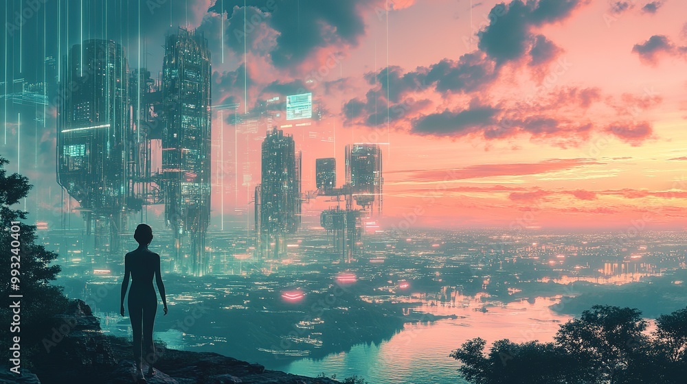 Vibrant sunset over a city skyline with digital elements reflecting technology and innovation, showcasing urban life and progress Vibrant sunset over a city skyline with digital elements reflecting technology and innovation, showcasing urban life and progress