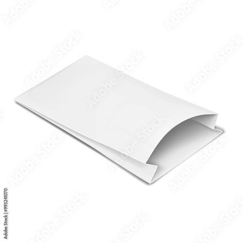 White blank small long paper bag. 3d mockup. Gusseted greaseproof pouch package for takeout fast food meals. Realistic vector mock-up. Template for design