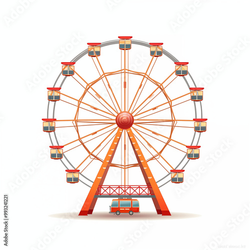 Colorful Ferris Wheel Illustration With Red Gondolas And Blue Sky Background