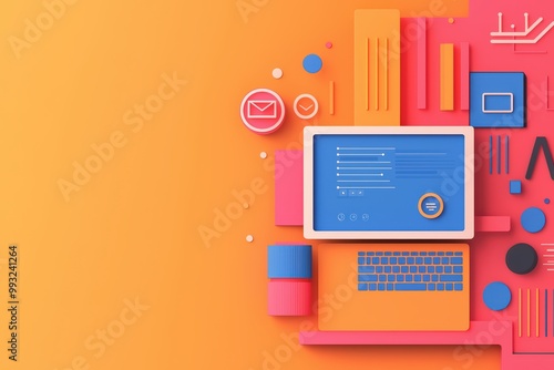 Colorful digital workspace with laptop, abstract shapes, and icons on orange background.