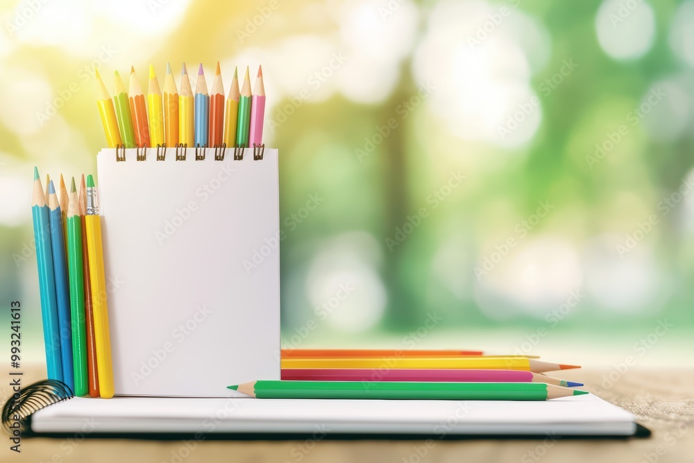 Colorful pencils and a blank notebook on a wooden surface with a blurred green background. Colorful pencils and a blank notebook on a wooden surface with a blurred green background.