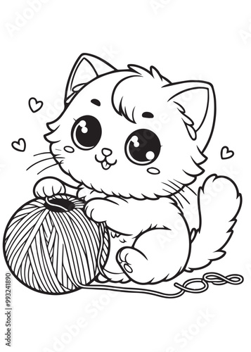 Cat play ball of yard children coloring page design 