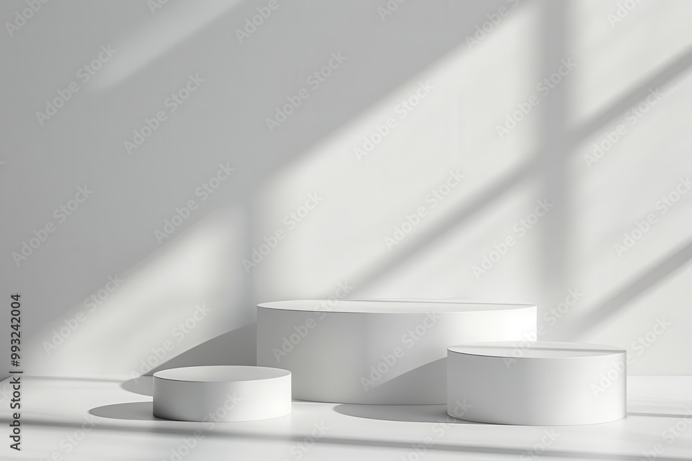 Softly lit white podiums arranged in a minimalist studio, high-resolution detail, ideal for modern product photography Softly lit white podiums arranged in a minimalist studio, high-resolution detail, ideal for modern product photography