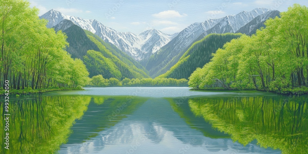 Tranquil mountain landscape with lush greenery and a reflective lake under a clear blue sky. Tranquil mountain landscape with lush greenery and a reflective lake under a clear blue sky.