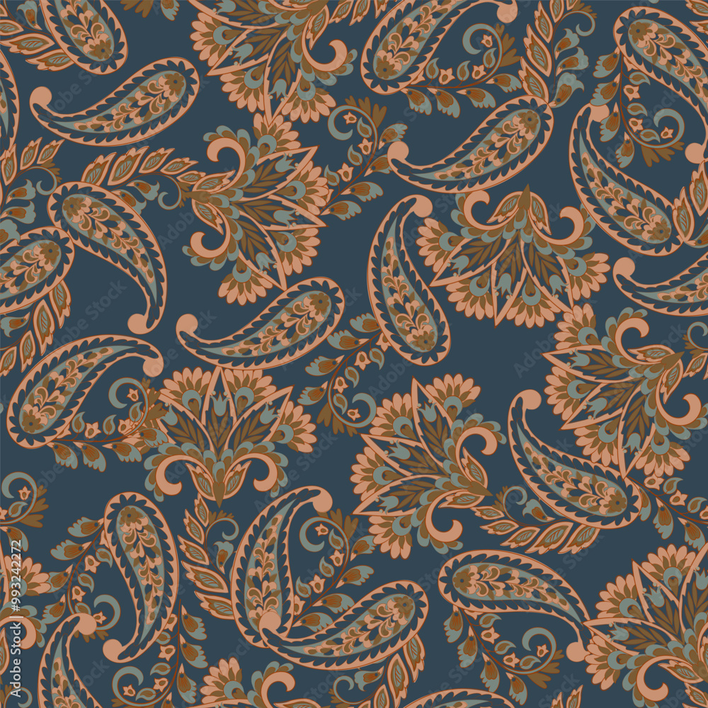 Digital vector textile print. Seamless Design suitable for covers, fabrics, textiles, wrapping paper, featuring an antique Thai pattern Paisley Indian motifs and decorative floral elements Digital vector textile print. Seamless Design suitable for covers, fabrics, textiles, wrapping paper, featuring an antique Thai pattern Paisley Indian motifs and decorative floral elements
