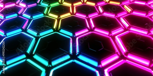 A vibrant, neon hexagonal pattern radiating in rainbow colors, creating a stunning visual effect.