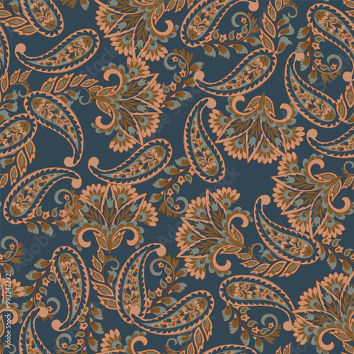 Digital vector textile print. Seamless Design suitable for covers, fabrics, textiles, wrapping paper, featuring an antique Thai pattern Paisley Indian motifs and decorative floral elements