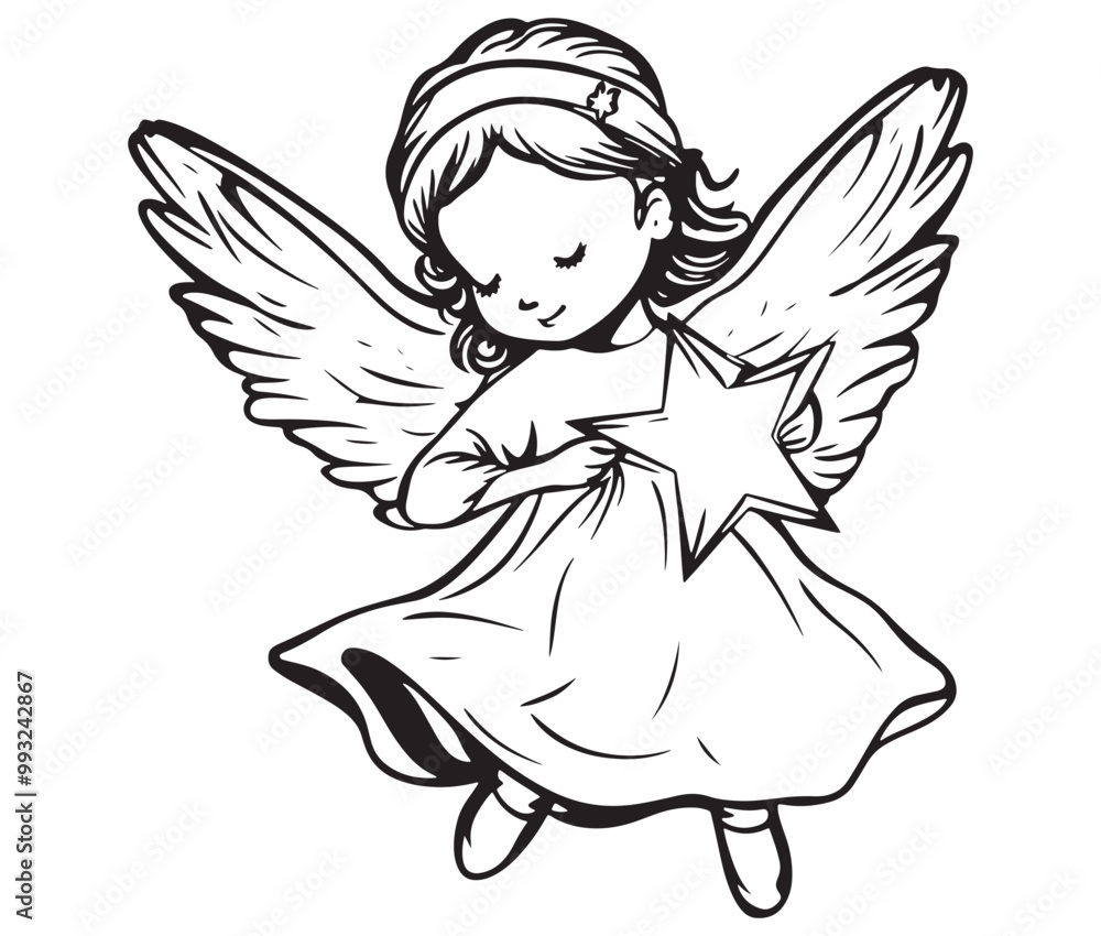 Fototapeta premium Angel with wings, Cute fairy, Angle wings line art vector