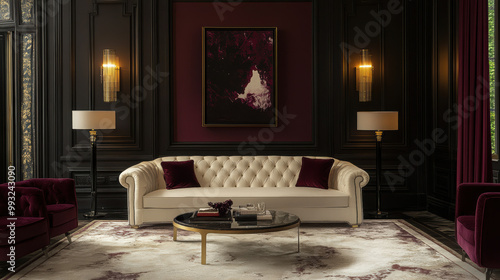 Elegant living room with cream colored sofa, burgundy accents, and rich decor. dark walls and stylish lighting create sophisticated atmosphere photo