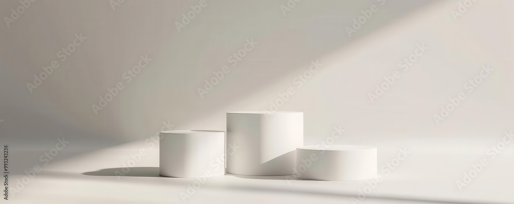 White cylindrical podiums set against a plain background, minimalist, soft shadows, professional product mockup design White cylindrical podiums set against a plain background, minimalist, soft shadows, professional product mockup design