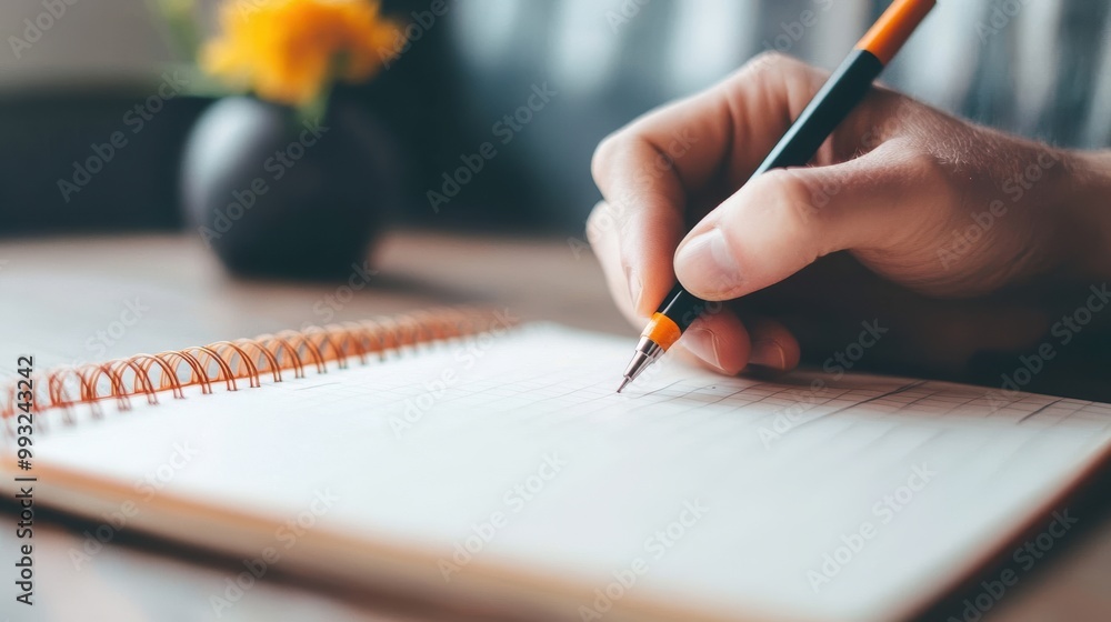 A person writing down goals in a planner, highlighting the act of setting clear objectives for future achievements. A person writing down goals in a planner, highlighting the act of setting clear objectives for future achievements.