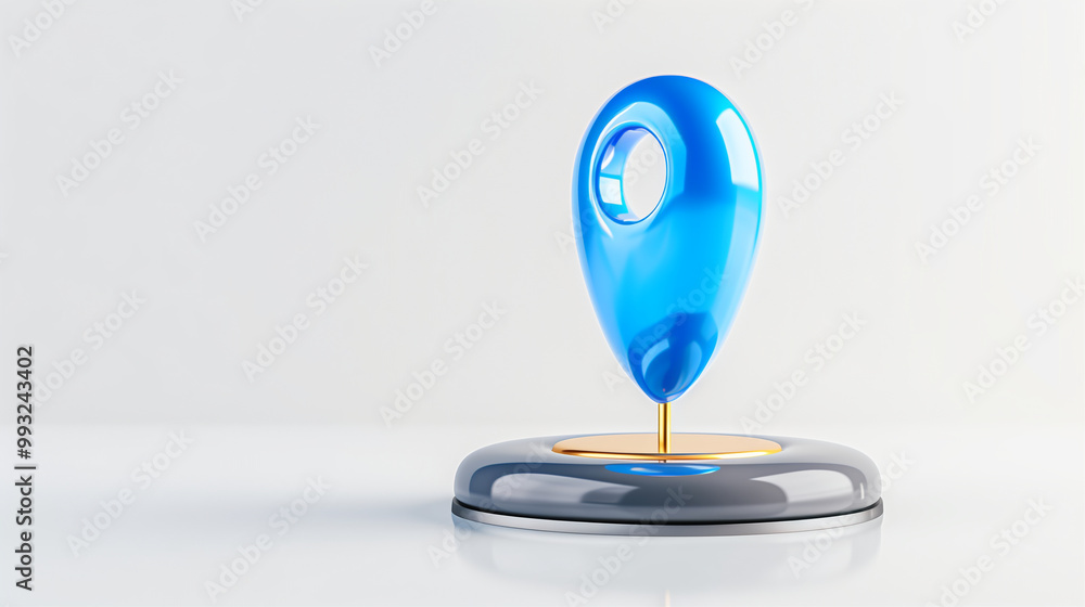 Location pin map marker in glossy blue design on a gray stand creating a modern display Location pin map marker in glossy blue design on a gray stand creating a modern display