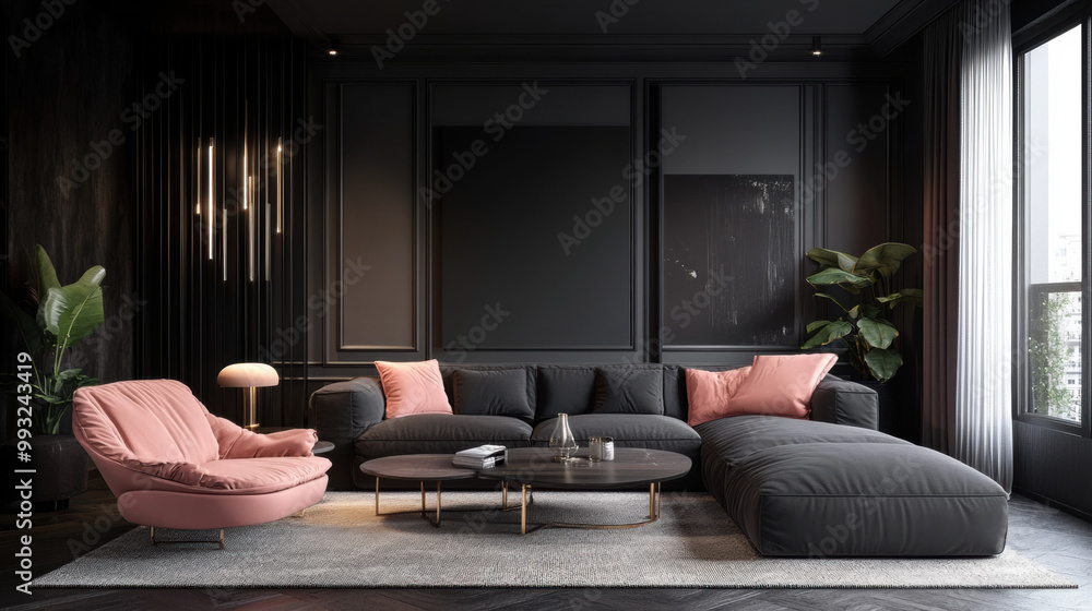 Elegant and modern living room featuring charcoal gray sectional sofa with blush pink accents, stylish lighting, and lush greenery, creating cozy atmosphere Elegant and modern living room featuring charcoal gray sectional sofa with blush pink accents, stylish lighting, and lush greenery, creating cozy atmosphere