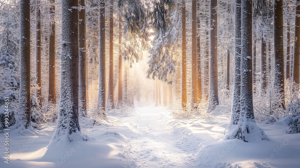 A serene winter landscape with snow-covered trees and a bright blue sky on a sunny day in a tranquil forest A serene winter landscape with snow-covered trees and a bright blue sky on a sunny day in a tranquil forest