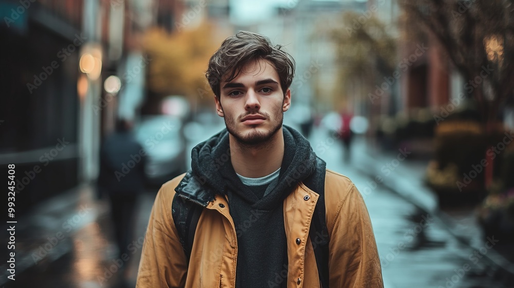 Confident Young Man Exploring the City Street During Autumn Season Confident Young Man Exploring the City Street During Autumn Season