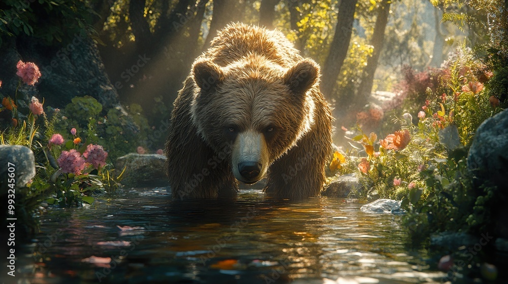 Majestic Grizzly Bear in a Sunlit Forest Stream Majestic Grizzly Bear in a Sunlit Forest Stream