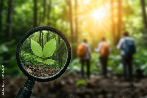 Magnifying glass focusing on a small leaf with hikers in the background, sunlight streaming through the forest.