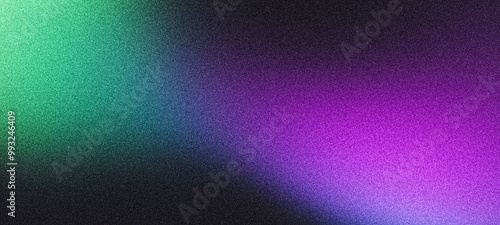 Obraz na płótnie Grainy abstract background, noisy color gradient purple green blue pink vibrant glowing shape on black backdrop, dark banner poster header cover wallpaper design w salonie