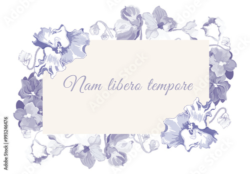 Tinted flowers are put around a rectangular shape on a white background. Frame made from the parts of African violets in bloom with the paper sheet in the center. Floral frame for any design ideas.