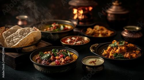 Relish mouthwatering Indian delicacies served in bowls and plates against a dark backdrop, capturing the essence of the vibrant Indian culinary experience.