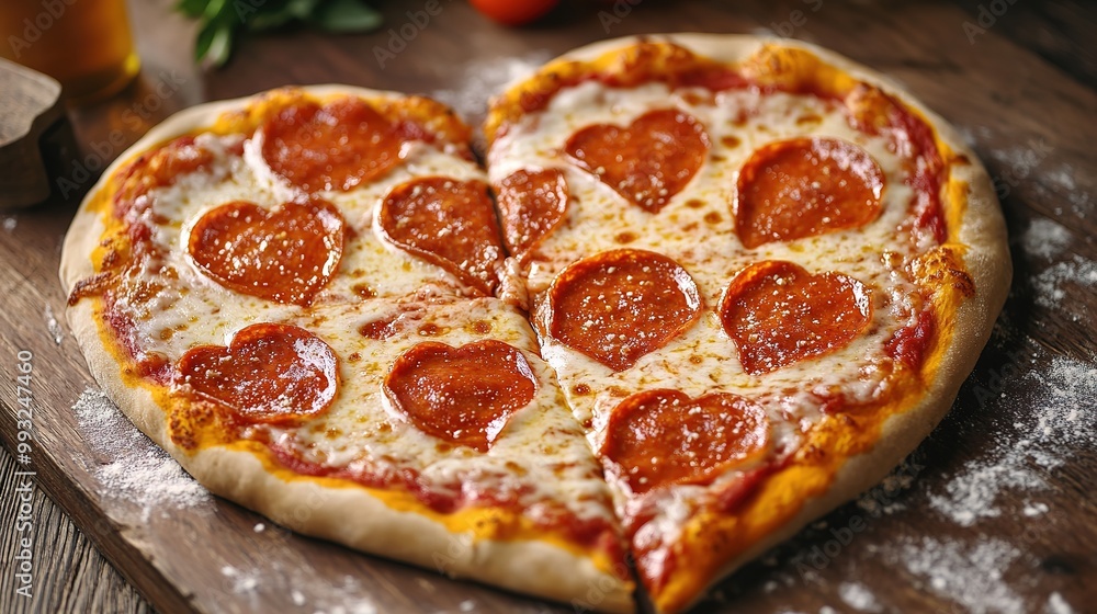Delicious heart-shaped pepperoni pizza served on a wooden board, perfect for sharing on a cozy evening dinner Delicious heart-shaped pepperoni pizza served on a wooden board, perfect for sharing on a cozy evening dinner