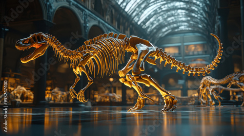 A dinosaur skeleton in a dynamic walking pose, captured from a side angle with its tail extending behind, the ribs and spine prominently displayed