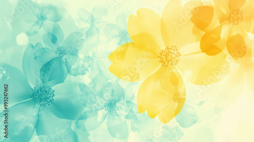 Bright and cheerful flowers in pale yellow and light aqua create vibrant and uplifting atmosphere, perfect for adding touch of natures beauty to any design