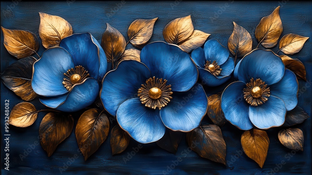 artistic decor featuring blue and gold flowers in a wooden frame the elegant composition showcases natural beauty and adds a touch of sophistication to any space