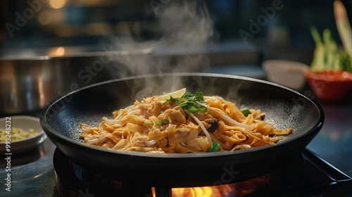 Pad Thai, a famous street food dish in Thailand, is a delicious and authentic Thai meal. Enjoy it on a dark background with plenty of room to add your own notes.