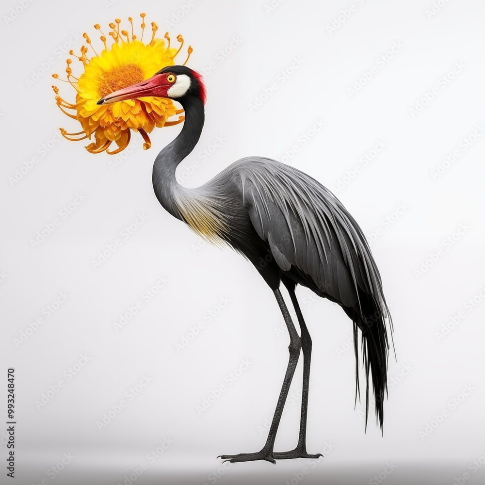 Elegant Black Crane With Sunflower Crown On A White Background Elegant Black Crane With Sunflower Crown On A White Background