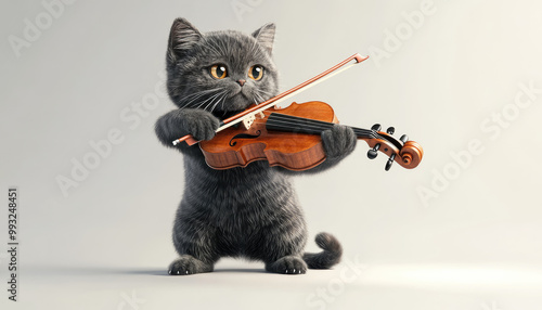 Playful cat playing violin, white isolate background. photo