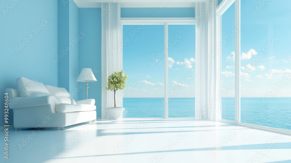 Fototapeta premium clean and serene interior space with sky blue wall, white furniture, and large windows showcasing stunning ocean view. bright atmosphere evokes tranquility and relaxation