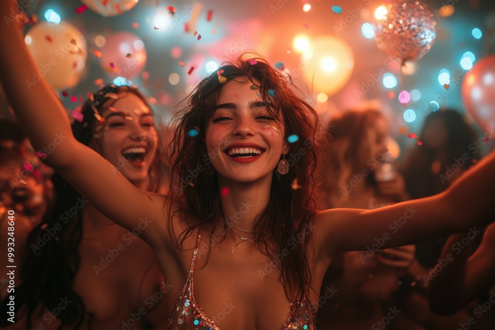 A group of joyful friends throwing colorful confetti in the air. Generative AI A group of joyful friends throwing colorful confetti in the air. Generative AI