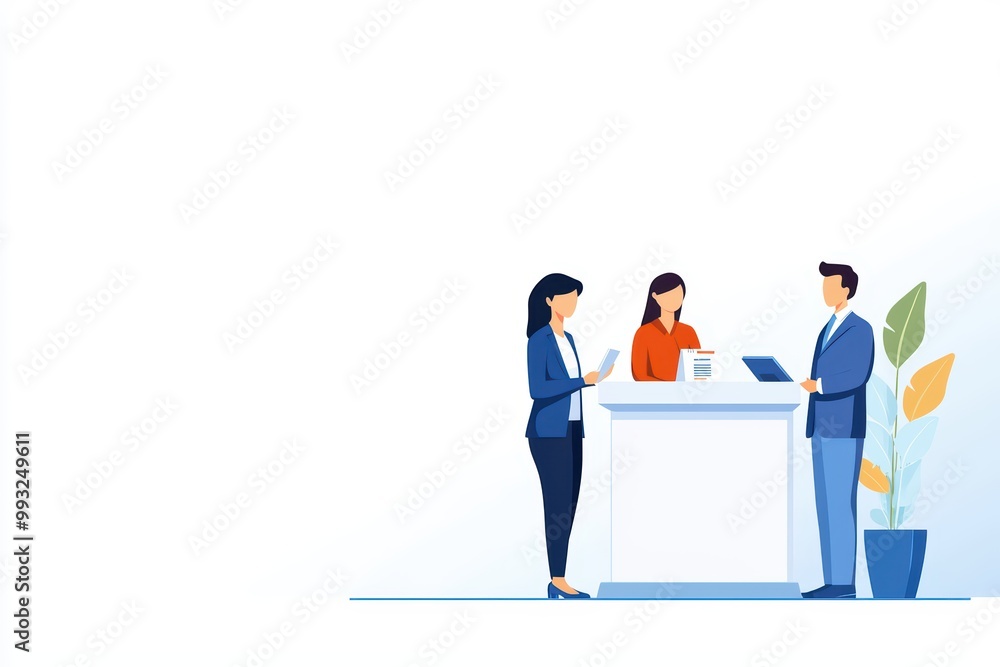 Three professionals interacting at a modern reception desk with plants in a bright office setting. Three professionals interacting at a modern reception desk with plants in a bright office setting.