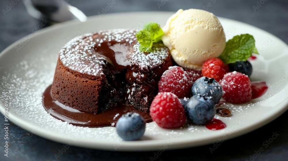 A mouthwatering chocolate lava cake with a gooey center, served with a scoop of vanilla ice cream and fresh berries A mouthwatering chocolate lava cake with a gooey center, served with a scoop of vanilla ice cream and fresh berries