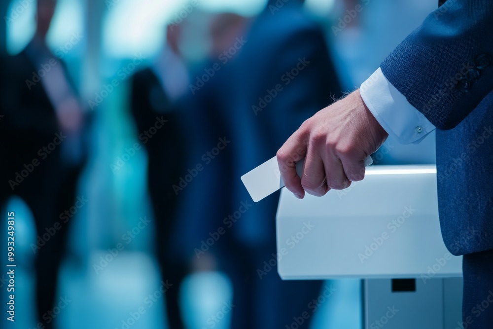 Hand holding scanning device while applying electronic badge Hand holding scanning device while applying electronic badge
