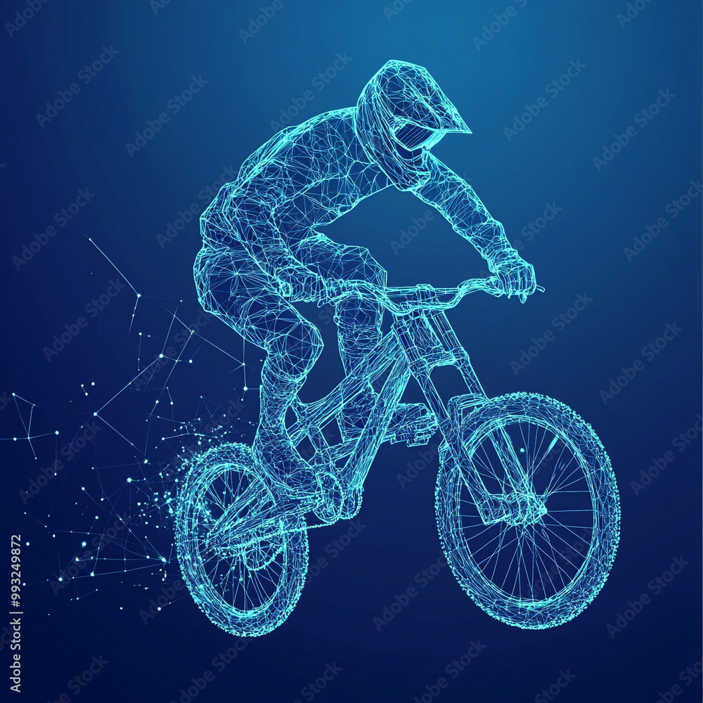 Fototapeta premium Abstract wireframe silhouette of a bmx rider from triangles and particles on blue background, man is doing a trick, isolated. Cycling sport transport.