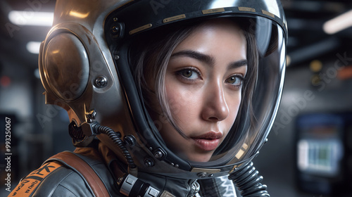 Asian female astronaut in spacesuit helmet, close-up portrait showcasing determination and focus, futuristic space exploration setting