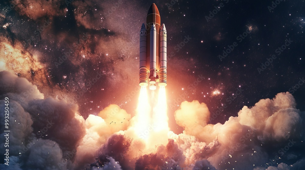Fototapeta premium Rockets launch into space, sparking new ideas. New businesses, products, and solutions emerge. Creativity and innovation soar.