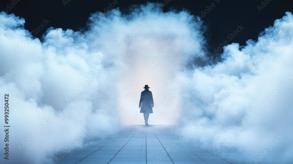 A lone figure, walking through a steam filled alleyway, appears to be stretched and distorted, suggesting a disruption of the natural order. A lone figure, walking through a steam filled alleyway, appears to be stretched and distorted, suggesting a disruption of the natural order.