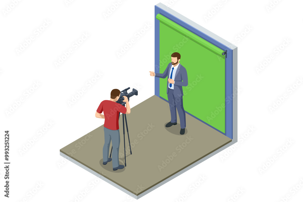 Isometric TV studio. Operators shooting actor on green background. Expert Talk Politics, Science, News, Entertainment. Show production maker. Isometric TV studio. Operators shooting actor on green background. Expert Talk Politics, Science, News, Entertainment. Show production maker.
