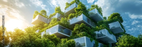 Sustainable Architecture Illustration - Green Building Design with Lush Greenery