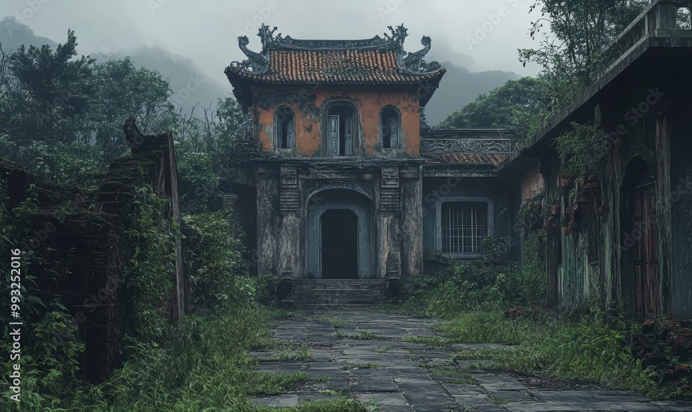 Overgrown path leading to a weathered temple. Overgrown path leading to a weathered temple.
