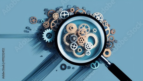 Magnifying glass and gears on blue background representing seo audit and analysis