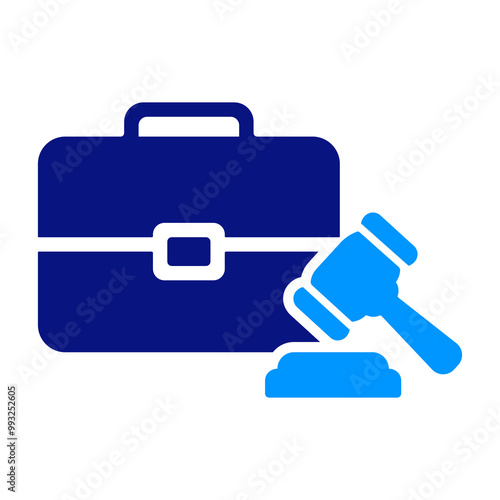 Blue gavel resting on a briefcase, symbolizing legal action, litigation, and professional representation in the courtroom, strong geometric shapes, minimalist design conveying legal authority.