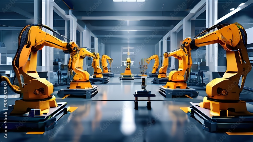 Factory robots working with machinery, advanced robot Factory robots working with machinery, advanced robot
