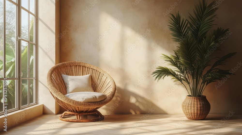 bohoinspired room mockup with empty beige walls a wicker armchair and a vase illuminated by natural daylight streaming through the window bohoinspired room mockup with empty beige walls a wicker armchair and a vase illuminated by natural daylight streaming through the window